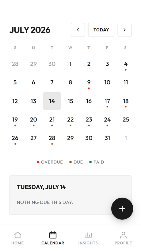 Month calendar with bills marked overdue, due, and paid