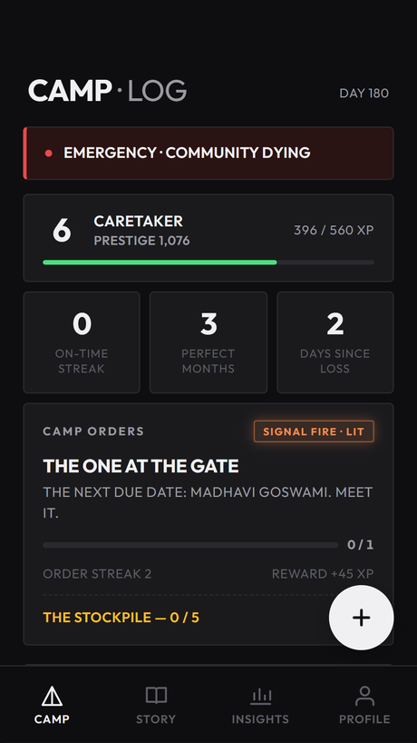 Camp log screen with caretaker level, streaks, and camp orders