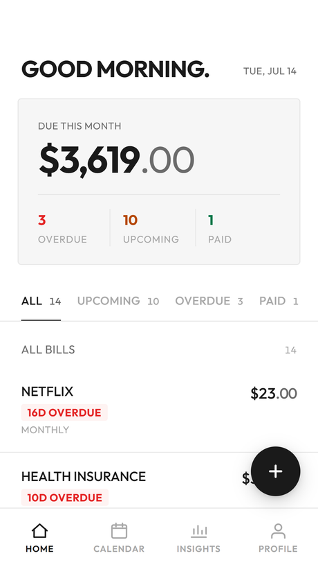 Normal-mode bill tracker home screen in light theme