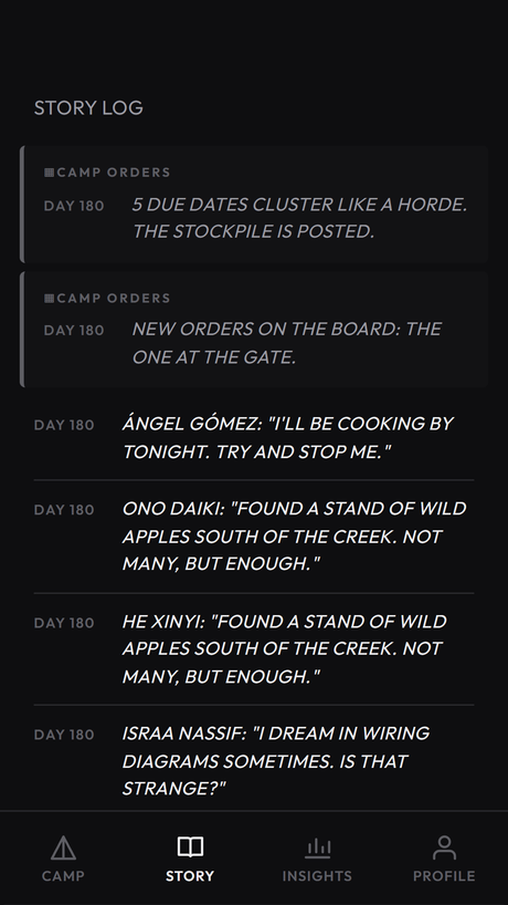 Story log with camp orders and survivor quotes